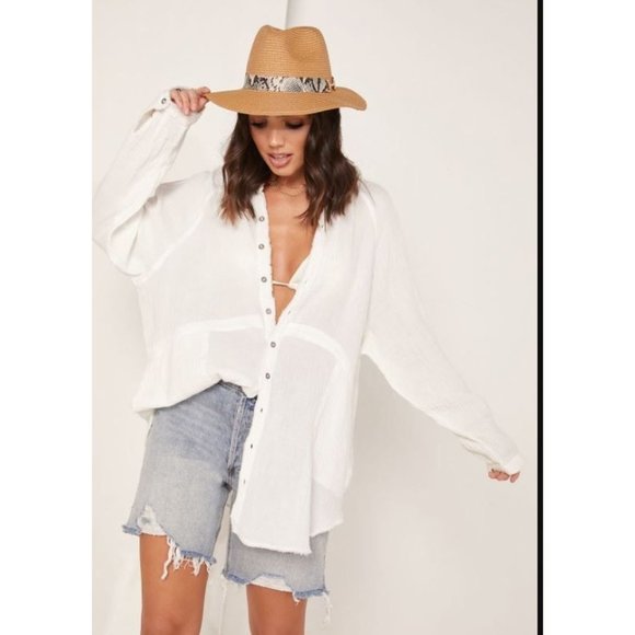 Free People Tops - FREE PEOPLE We the Free Summer Daydream Frayed Button Down Shirt WHITE Sz M NWT